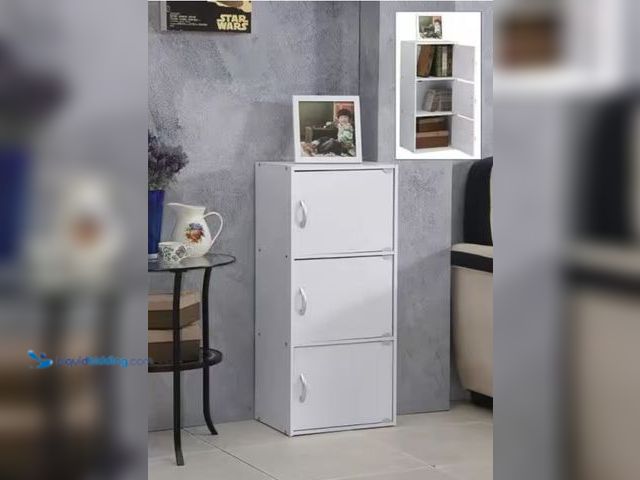 Lot 49-2006679 - HODEDAH 35.6 in. Tall High Standard Wooden Medium Density Fiberboard (MDF) 3-shelf Bookcase with Doo...