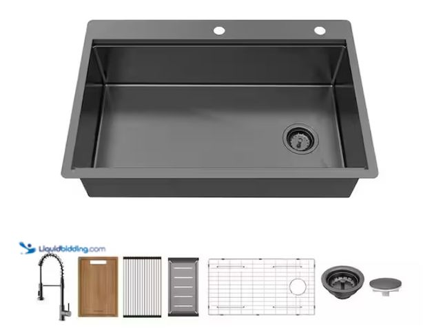 Lot 49-1567495 - Glacier Bay 33 in. Dual Mount Single Bowl 18 Gauge Gunmetal Stainless Steel Workstation Kitchen Sink...