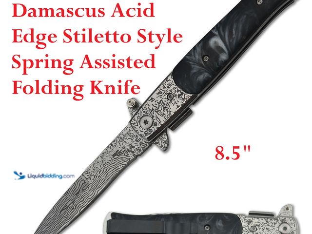Lot 49-1616314 - Damascus Acid Etched Stiletto Style Spring Assisted Folding Knife 8.5" with Black Pearl Style Handle...