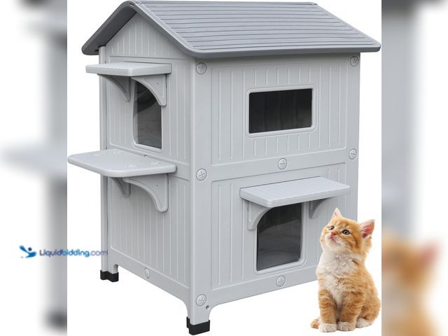 Lot 49-5408702 - Plastic 2 Story Outdoor Cat House with Escape Door, Waterproof Cat House for Feral Cats for Outdoor ...