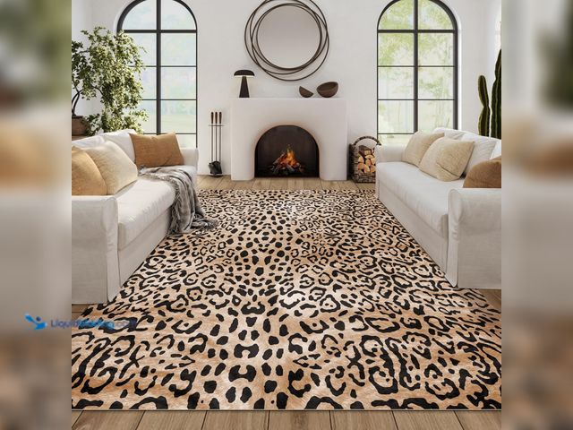 Lot 49-5463308 - Oversized Leopard Print Area Rug, 9x12, Cheetah, Leopard Print, Rustic Black and Gold Unused