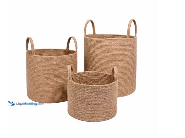 Lot 49-1622904 - WeThinkStorage Set of 3 Round Woven Jute Decorative Storage Basket with Handle, Model # 002-07-0169,...