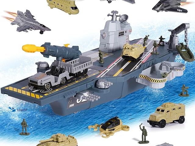 Lot 49-3600321 - Military Aircraft Carrier Toys, Army Toys with 10 Vehicles, Fighter Jet Helicopter Tanks and Army Me...
