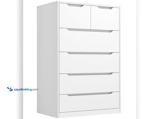 Lot 49-1555582 - Romorgniz 6 Drawer Dresser for Bedroom Tall Chest of Drawers for Hallway,White,43.2" H X 27.6" W X15...