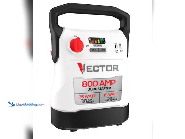 Lot 49-5543842 - Vector - 800 Amp 12V Compact Jump Starter, USB Power Bank, VECJ8. Unused. Powers on