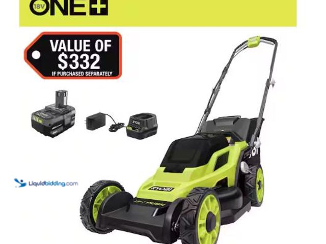 Lot 49-5520536 - RYOBI
ONE+ 18V 13 in. Cordless Battery Walk Behind Push Lawn Mower with 4.0 Ah Battery and Charger ...