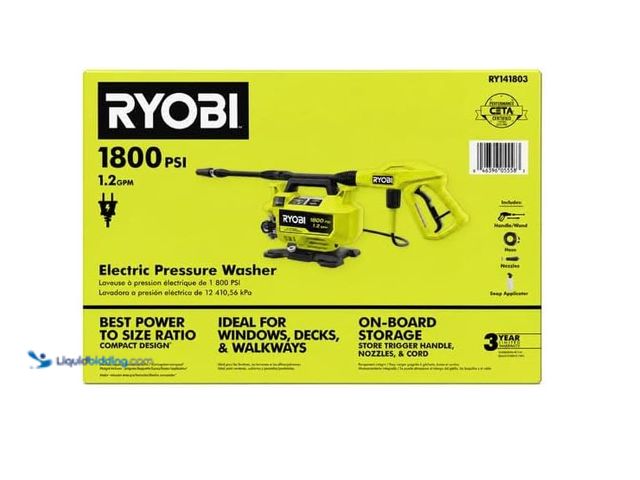 Lot 49-5551367 - RYOBI 1800 PSI 1.2 GPM Cold Water Corded Electric Pressure Washer-RY141803, Used with attachments