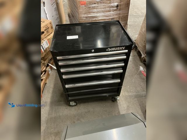 Lot 49-5445998 - Husky Tool Storage 27 in. W x 18 in. D 5-Drawer Gloss Black Rolling Tool Cabinet, Model # H27TR5BLK,...