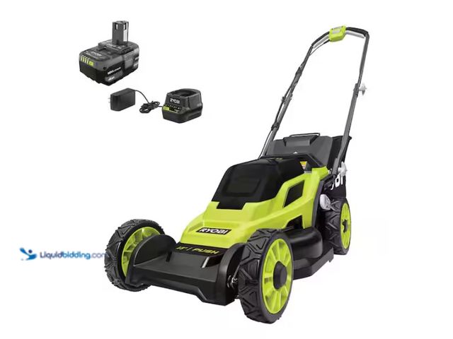 Lot 49-1622458 - RYOBI ONE+ 18V 13 in. Cordless Battery Walk Behind Push Lawn Mower with 4.0 Ah Battery and Charger, ...
