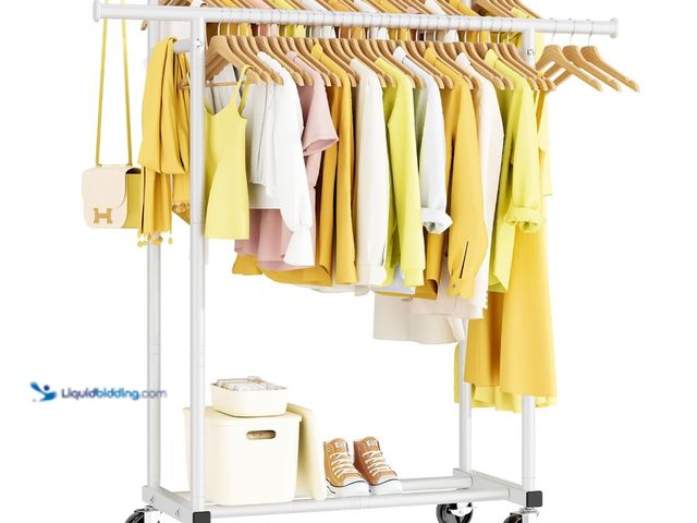 Lot 49-3481698 - Double Rods Clothes Rack, Rolling Clothing Rack for Hanging Clothes Portable Wardrobe Rack, Metal Ga...