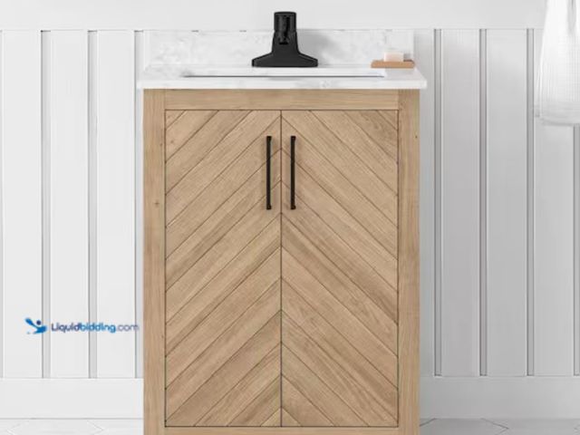 Lot 49-1623780 - Glacier Bay Huckleberry 24 in. Single Sink Freestanding Weathered Tan Bath Vanity with White Enginee...