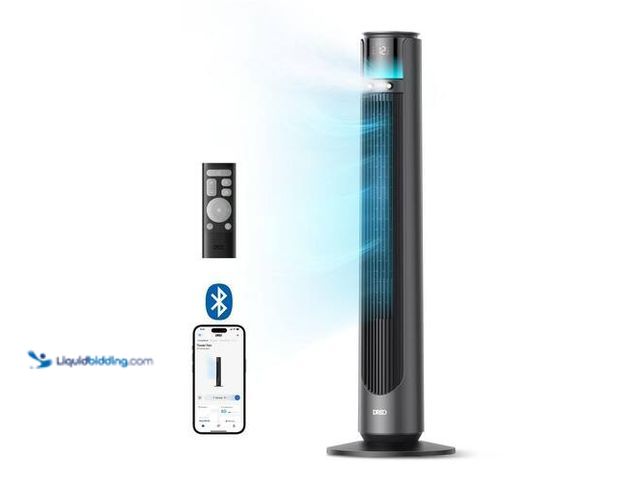 Lot 49-3616939 - DREO Outdoor Misting 42 in. 12-Speed Tower Fan in Black with Remote - slightly used , has attachment...