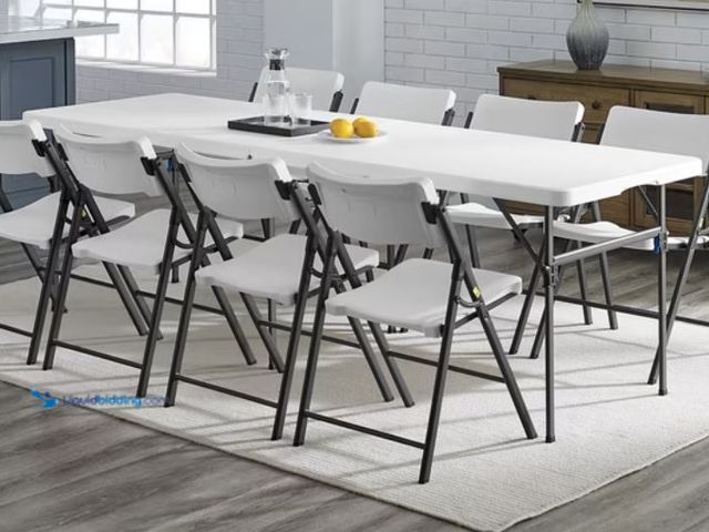 Lot 49-2026325 - Mainstays 8 ft Fold-in-Half Folding Table, White, Indoor/Outdoor. Model #2653201845. MSRP $69.94. Us...