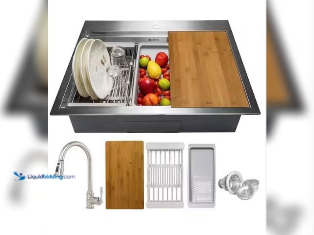 Lot 49-3432589 - AKDY All-in-One 25 in. x 22 in. Drop-in Stainless Steel Single Bowl Workstation Kitchen Sink with Pu...