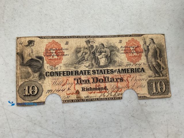 Lot 49-1505251 - ORIGINAL CONFEDERATE STATES TEN DOLLAR RICHMOND CURRENCY PAPER MONEY (HAS WEAR AND 2 CIRCULAR CUTS) ...
