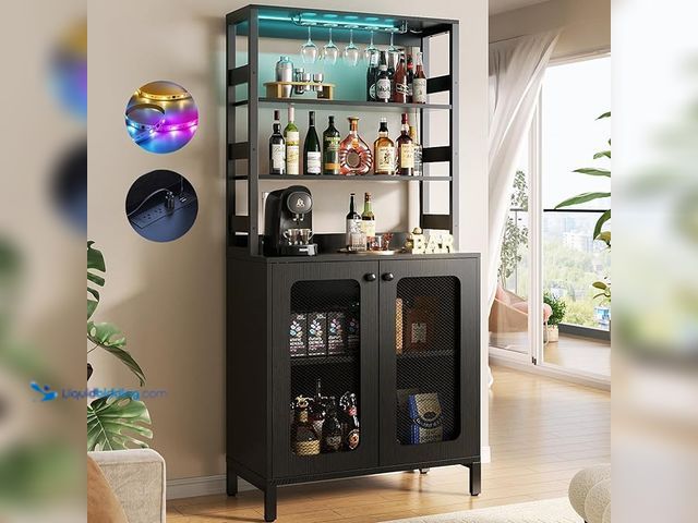 Lot 49-1557132 - Aheaplus Bar Cabinet with Power Outlets, 67" Tall Wine Bar Cabinet Liquor Cabinets with LED Lights a...