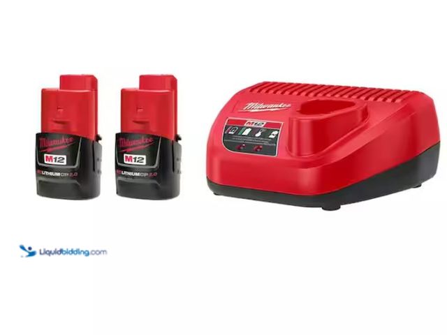Lot 49-3471655 - Milwaukee M12 12V Lithium-Ion Compact 2.0 Ah Battery Pack (2-Pack) Starter Kit with Charger, Model #...