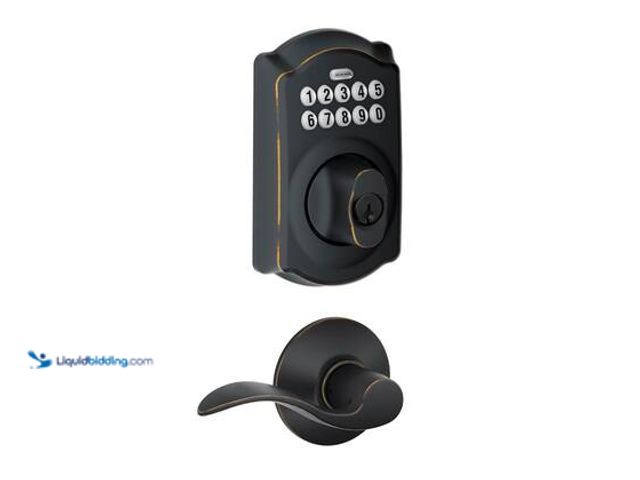 Lot 49-5544375 - Schlage Camelot Aged Bronze Electronic Door Lock Deadbolt with Accent Door Handle. Model # FBE365 V ...