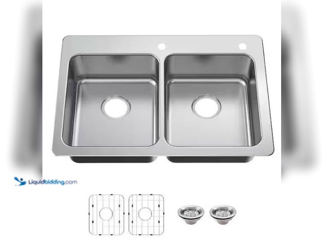 Lot 49-1569344 - Glacier Bay Bratten 33 in. Drop-In 50/50 Double Bowl 18 Gauge Stainless Steel Kitchen Sink with Acce...