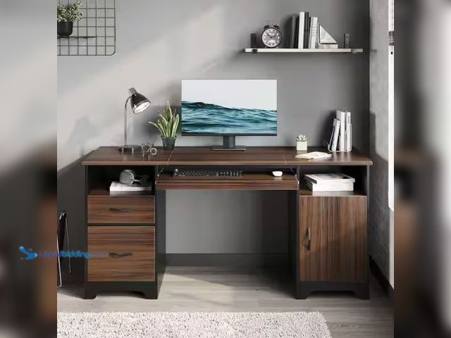 Lot 49-2005518 - Bestier 59 in. Rectangular Cherry 2-Drawers Computer Writing Desk with Storage Cabinet and 2-Open St...