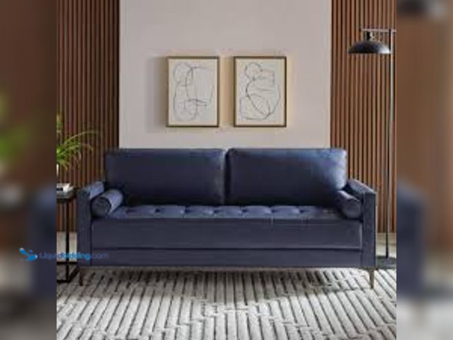 Lot 49-3539287 - StyleWell Goodwin 75.6 in. Mid-Century Modern Square Arm Faux Leather Sofa in Navy Blue. Model # 113...