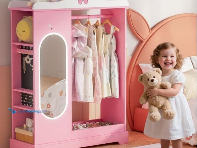 Lot 49-1553966 - Kids Armoire with Jewelry Cabinet, Kids Dress Up Storage with Shelves, Girls Wardrobe Costume Organi...