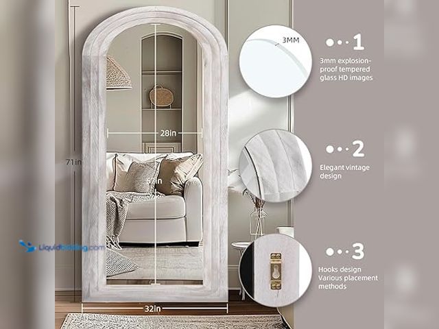 Lot 49-5454309 - Arched Full Length Mirror with Solid Wood Frame, 71x32 Farmhouse Wall Mirror Full Length with Stand,...