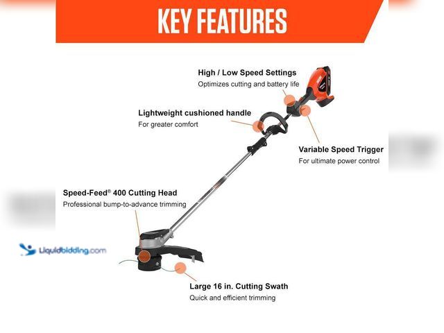 Lot 49-5552329 - ECHO
56V 16 in. Brushless Cordless Battery Straight Shaft String Trimmer with Speed-Feed Head. Tool...