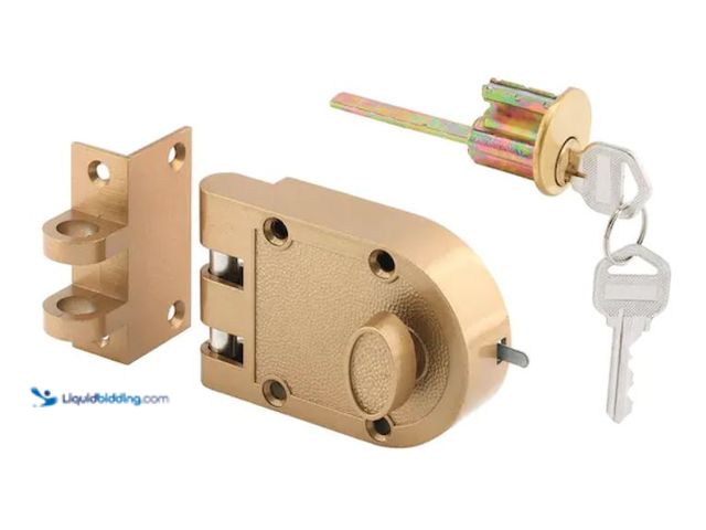 Lot 49-2006676 - Prime-Line Jimmy-Resistant Deadlock, Diecast, Brass Color, Angle Strike, Single Cylinder, Model # U ...