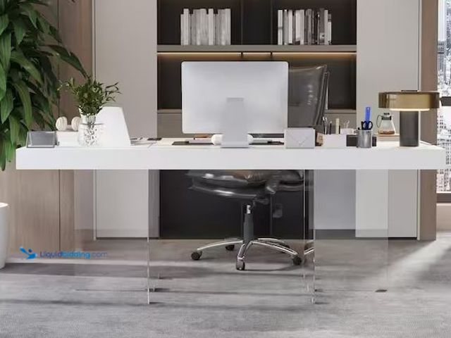 Lot 49-1568785 - FUFU&GAGA 78.7 in. L Rectangle White Wood Executive Desk Meeting Table With Clear Tempered Glass Leg...