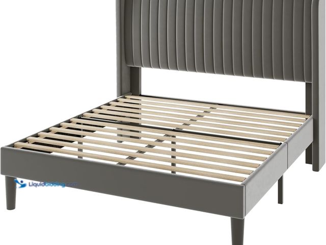 Lot 49-1630925 - Velvet Upholstered Platform Bed Frame with Vertical Line Tufted Adjustable Headboard, Queen Sized, G...