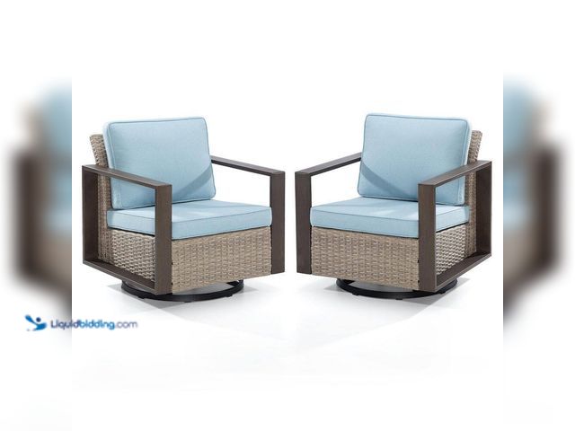 Lot 49-5444308 - JOYSIDE 2-Piece Wicker Outdoor Rocking Chair Patio Swivel Chairs with Metal Frame and Baby Blue Cush...