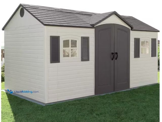 Lot 49-1622634 - Lifetime 15 ft. x 8 ft. Resin Outdoor Garden Shed, Model # 6446, MSRP $1,999.00, New, Boxes damaged ...