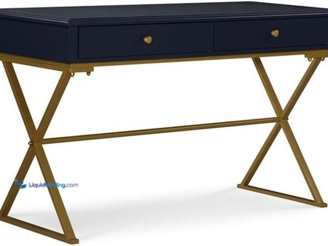 Lot 49-5406631 - Linon Campaign Two Drawer Desk Gold Metal Criss Cross Legs Top in Blue Wood, Unused.