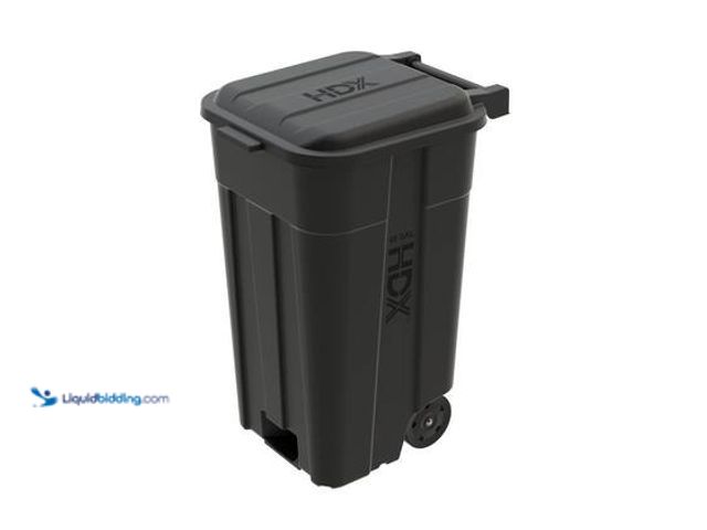 Lot 49-5559288 - HDX 45 gal. Black Heavy Duty Outdoor Trash Can with Wheels and Attached Lid .Model # 999-2445W. Unus...