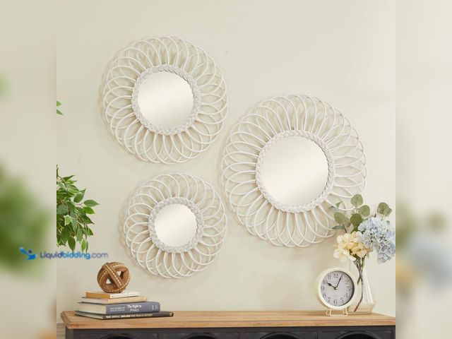 Lot 49-5484840 - Litton Lane 24 in. x 24 in. Round Framed White Starburst Wall Mirror (Set of 3) (big one damaged)