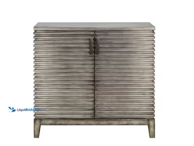 Lot 49-1571346 - Madison Park Cain Grey 34 in. H Accent Chest, Model # FPF17-0390, Unused, Shipping damage, Bottom ri...