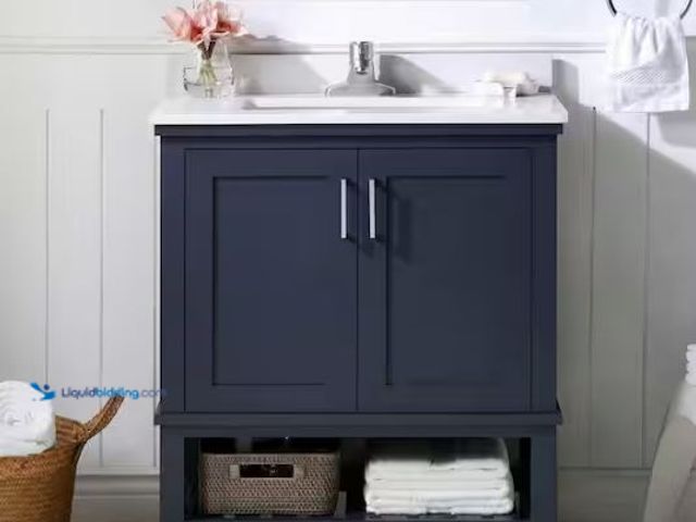 Lot 49-1577494 - Home Decorators Collection Tupelo 30 in. Single Sink Midnight Blue Bath Vanity with White Engineered...