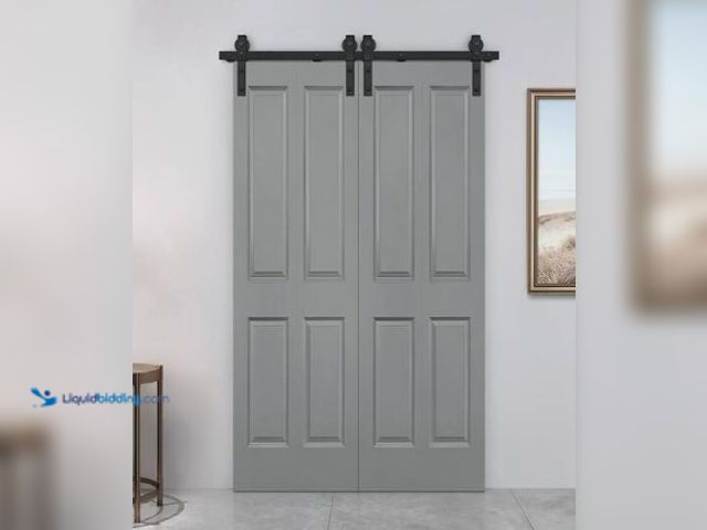 Lot 49-1536014 - CALHOME 48 in. x 80 in. 2 Panel Light Gray Painted MDF Composite Double Bi-Fold Barn Door with Slidi...