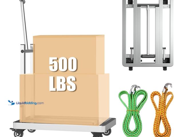 Lot 49-1512569 - Folding Hand Truck, 500lbs Stainless Steel Foldable Dolly Cart with 4 Wheels & 2 Elastic Ropes for L...