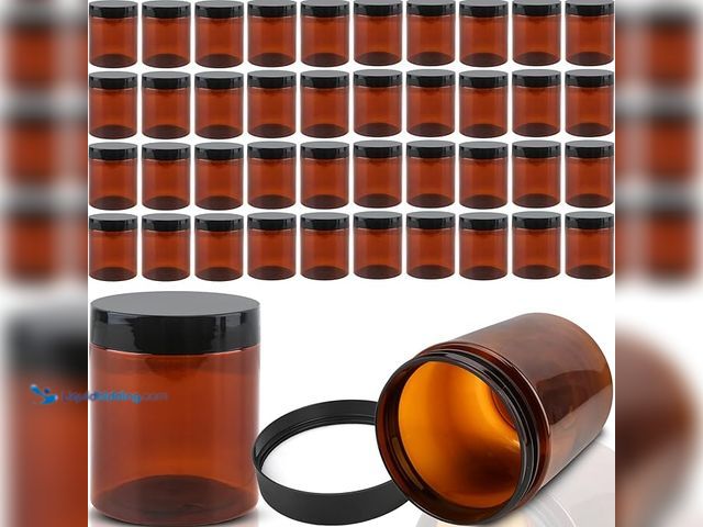 Lot 49-3480529 - (42-Pack) Conagel 8 oz Amber Plastic Jars with Black Lids Empty Refillable Cosmetic Container for Be...