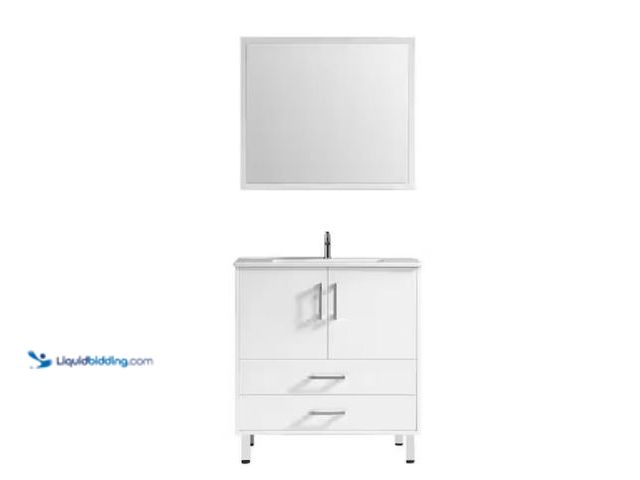 Lot 49-1560805 - Mediterraneo Alessio 32 in. Single Sink PVC White Standing Bath Vanity with White Sintered Stone Top...