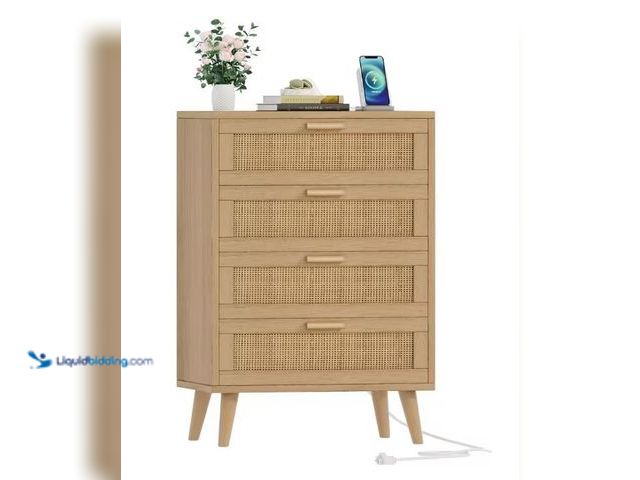 Lot 49-1553969 - Rattan Nightstand With Charging Station, Night Stand With 4 Large Rattan Drawers, Accent End Table, ...
