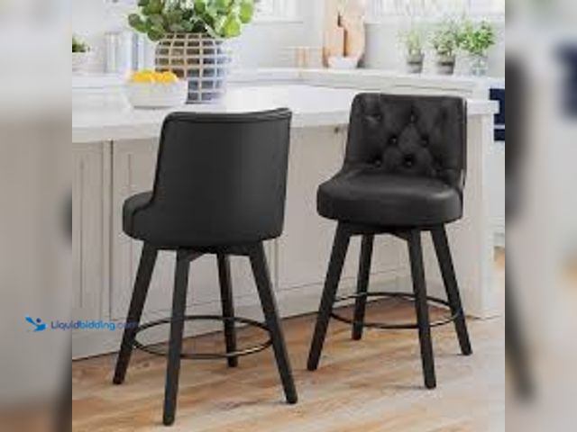 Lot 49-5411784 - OrangeOne Rowland 26.5 in Seat Height Black Faux Leather Counter Height Solid Wood Leg Swivel Bar st...