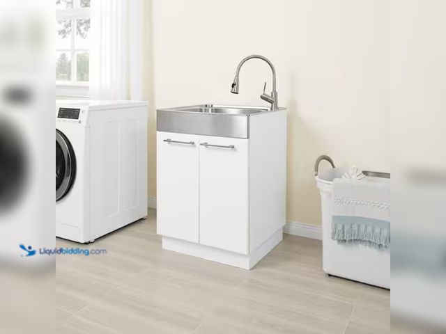 Lot 49-1578233 - Glacier Bay 24 in. W x 21 in. D x 34 in. L Freestanding Stainless Steel Apron-Front Laundry Sink wit...