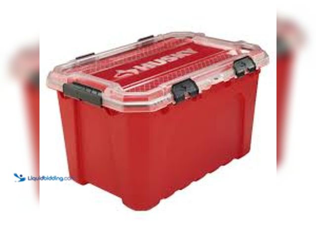 Lot 49-5438146 - Husky 20-Gal. Professional Heavy Duty Waterproof Stackable Plastic Storage Container with Hinged Lid...