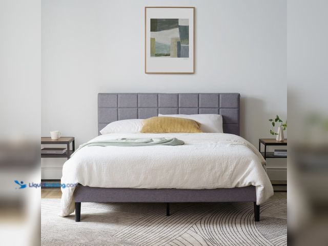 Lot 49-5538936 - Mainstays Gray Upholstered Square Tufted Platform Bed, No Box Spring Needed, Queen. Unused with atta...