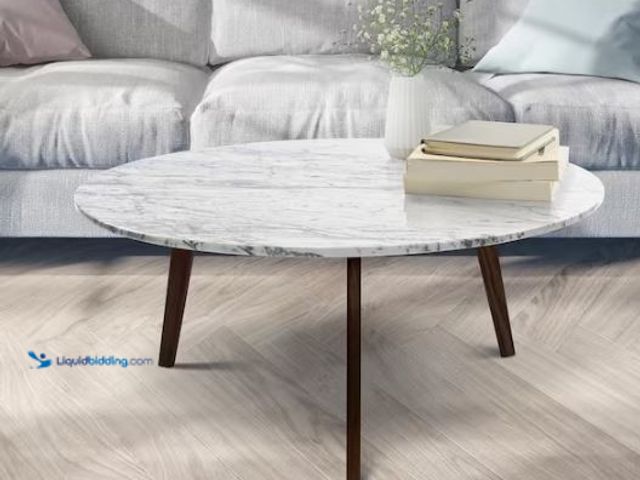 Lot 49-1544918 - AndMakers Stella 32 in. White/Walnut Medium Round Marble Coffee Table with Walnut Legs, Model # TBC-...