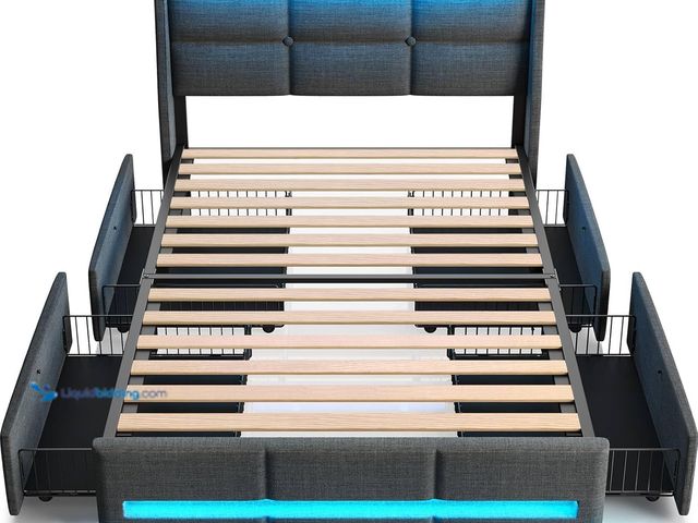 Lot 49-5405725 - Rolanstar Twin Size Bed Frame with LED Lights and Charging Station, Upholstered Bed Storage Headboar...