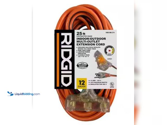 Lot 49-1549440 - RIDGID 25 ft. 12/3 Heavy Duty Indoor/Outdoor Extension Cord with Tritap Lighted End, Orange/Grey, Mo...